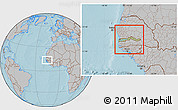 Savanna Style Location Map of The Gambia, gray outside, hill shading outside