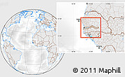 Shaded Relief Location Map of The Gambia, lighten, desaturated