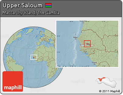 Savanna Style Location Map of Upper Saloum, highlighted country, highlighted parent region, hill shading