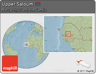 Savanna Style Location Map of Upper Saloum, highlighted parent region, hill shading