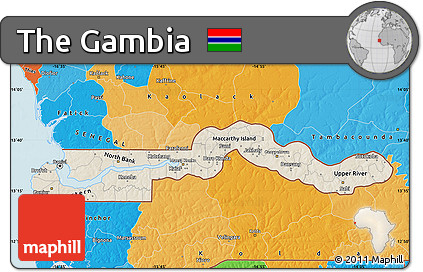 Shaded Relief Map of the Gambia, political outside, shaded relief sea