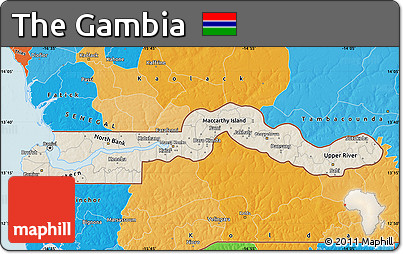 Shaded Relief Map of the Gambia, political outside, shaded relief sea