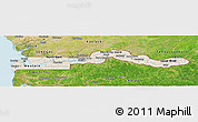 Shaded Relief Panoramic Map of The Gambia, satellite outside, shaded relief sea