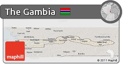 Shaded Relief Panoramic Map of the Gambia, semi-desaturated