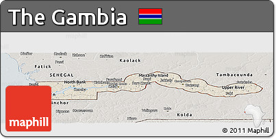 Shaded Relief Panoramic Map of the Gambia, semi-desaturated