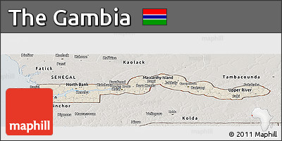 Shaded Relief Panoramic Map of the Gambia, semi-desaturated