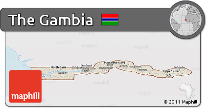 Shaded Relief Panoramic Map of the Gambia, single color outside
