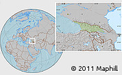 Savanna Style Location Map of Georgia, gray outside, hill shading