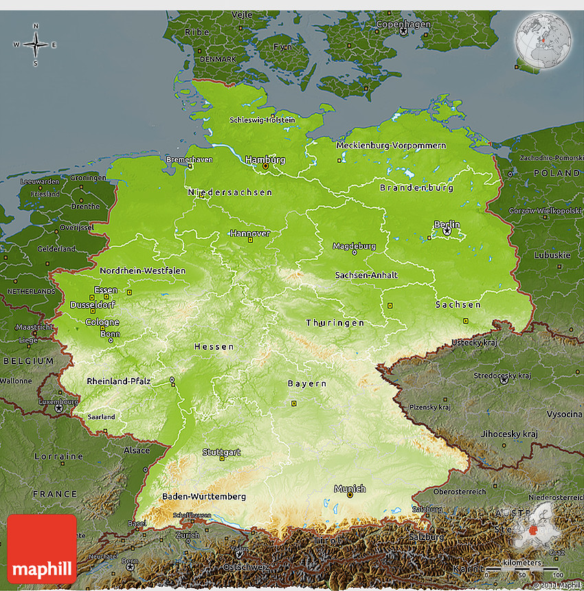 Physical 3D Map of Germany, darken