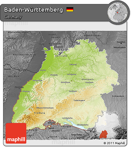 Physical 3D Map of Baden-Württemberg, darken, desaturated