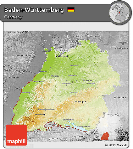 Physical 3D Map of Baden-Württemberg, desaturated