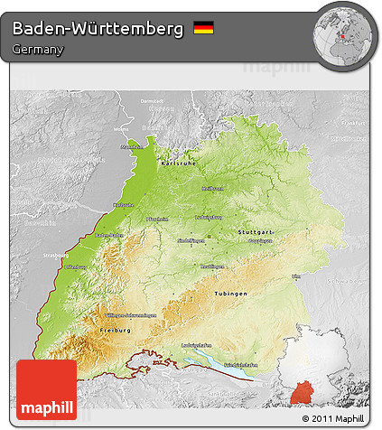 Physical 3D Map of Baden-Württemberg, lighten, desaturated