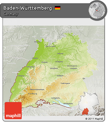 Physical 3D Map of Baden-Württemberg, lighten, semi-desaturated