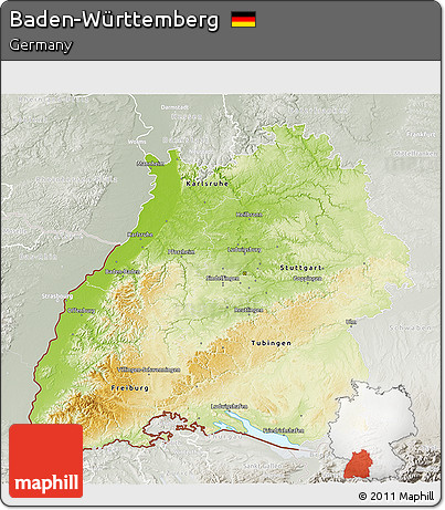 Physical 3D Map of Baden-Württemberg, lighten, semi-desaturated