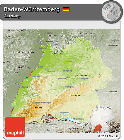 Physical 3D Map of Baden-Württemberg, semi-desaturated