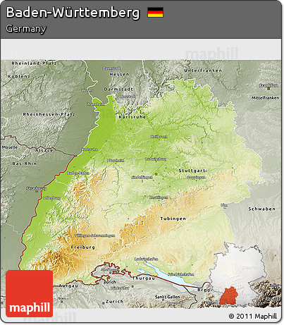 Physical 3D Map of Baden-Württemberg, semi-desaturated