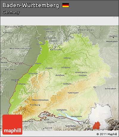Physical 3D Map of Baden-Württemberg, semi-desaturated