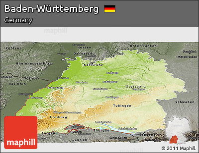 Physical Panoramic Map of Baden-Württemberg, darken, semi-desaturated