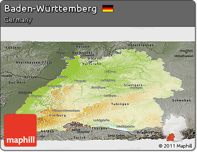 Physical Panoramic Map of Baden-Württemberg, darken, semi-desaturated