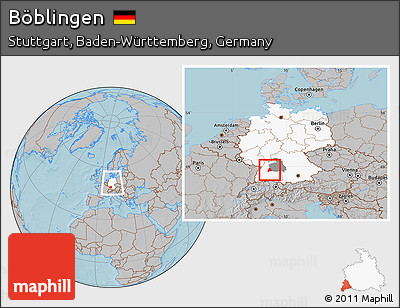 Gray Location Map of Böblingen, highlighted country, highlighted parent region, within the entire country, hill shading