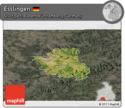 Satellite 3D Map of Esslingen, darken, semi-desaturated