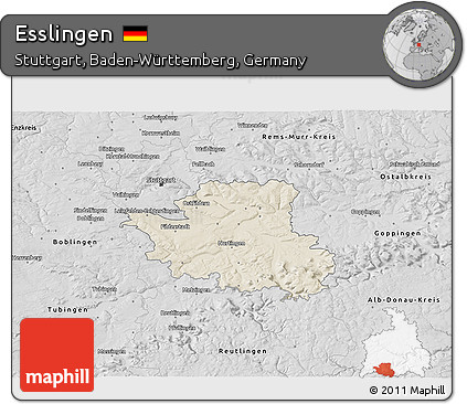 Shaded Relief 3D Map of Esslingen, desaturated