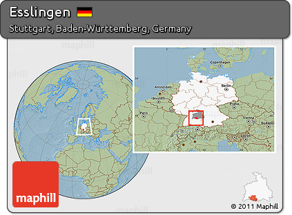 Savanna Style Location Map of Esslingen, highlighted country, highlighted parent region, within the entire country, hill shading