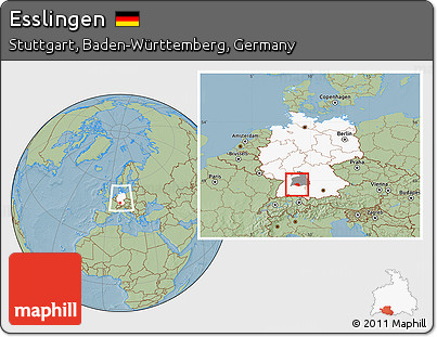 Savanna Style Location Map of Esslingen, highlighted country, highlighted parent region, within the entire country, hill shading