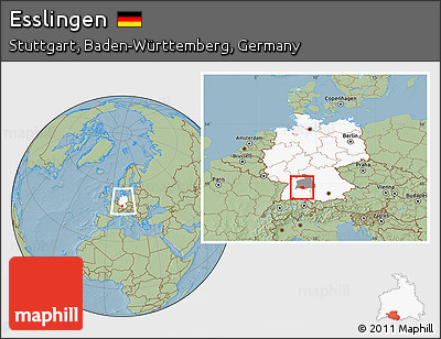 Savanna Style Location Map of Esslingen, highlighted country, highlighted parent region, within the entire country, hill shading