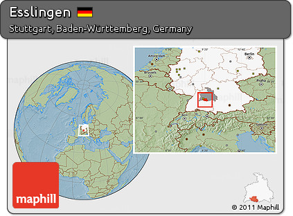 Savanna Style Location Map of Esslingen, highlighted country, highlighted parent region, hill shading