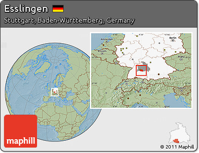 Savanna Style Location Map of Esslingen, highlighted country, highlighted parent region, hill shading