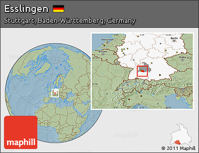 Savanna Style Location Map of Esslingen, highlighted country, highlighted parent region, hill shading