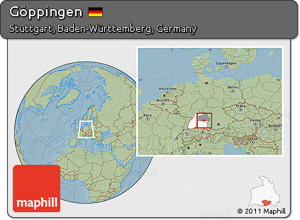 Savanna Style Location Map of Göppingen, highlighted parent region, highlighted grandparent region, within the entire country, hill shading