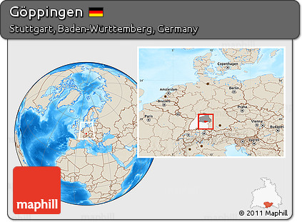 Shaded Relief Location Map of Göppingen, highlighted parent region, highlighted grandparent region, within the entire country
