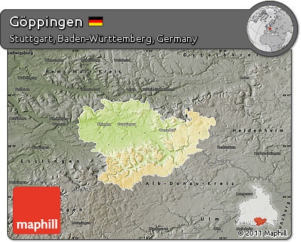 Physical Map of Göppingen, darken, semi-desaturated