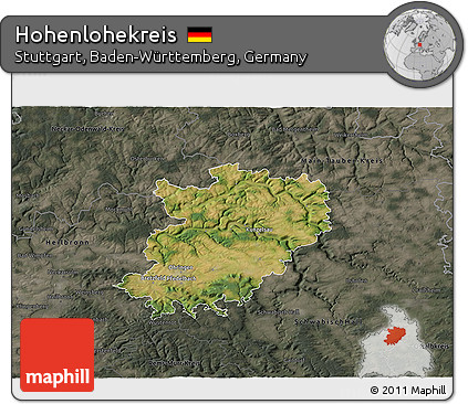 Satellite 3D Map of Hohenlohekreis, darken, semi-desaturated