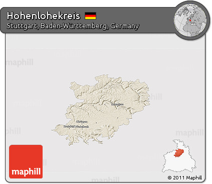 Shaded Relief 3D Map of Hohenlohekreis, single color outside