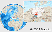 Shaded Relief Location Map of Stuttgart, highlighted country, highlighted parent region, within the entire country