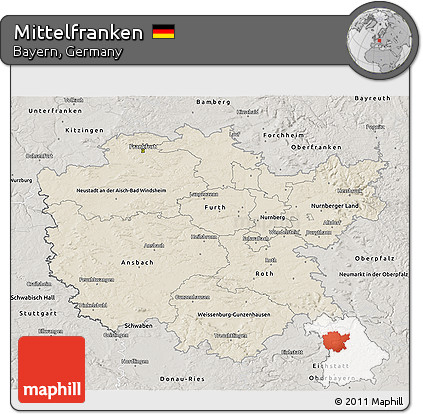 Shaded Relief 3D Map of Mittelfranken, semi-desaturated