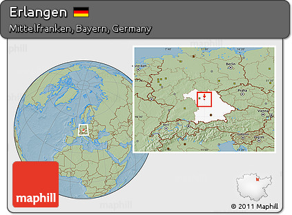 Savanna Style Location Map of Erlangen, highlighted grandparent region, hill shading