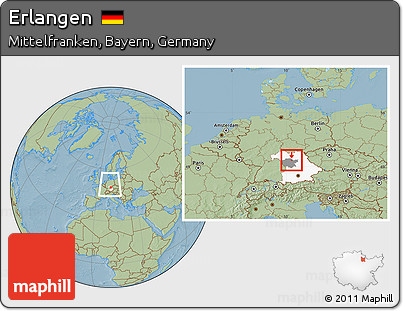 Savanna Style Location Map of Erlangen, highlighted parent region, highlighted grandparent region, within the entire country, hill shading