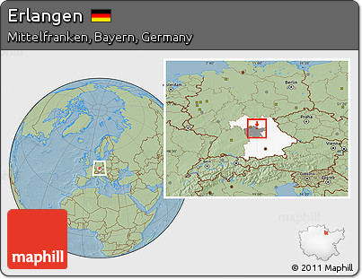 Savanna Style Location Map of Erlangen, highlighted parent region, highlighted grandparent region, hill shading