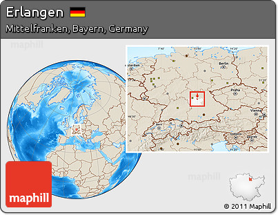 Shaded Relief Location Map of Erlangen, highlighted parent region