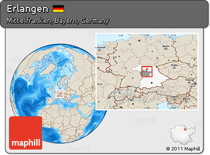 Shaded Relief Location Map of Erlangen, highlighted parent region, highlighted grandparent region