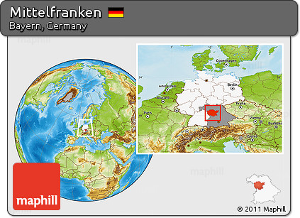 Physical Location Map of Mittelfranken, highlighted country, highlighted parent region, within the entire country