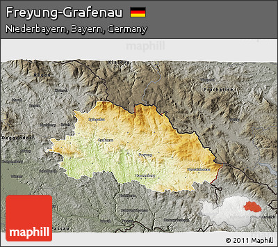 Physical 3D Map of Freyung-Grafenau, darken, semi-desaturated