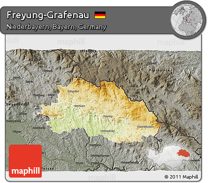 Physical 3D Map of Freyung-Grafenau, darken, semi-desaturated