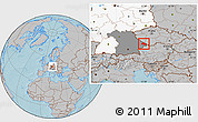 Gray Location Map of Freyung-Grafenau, highlighted country, highlighted grandparent region, hill shading