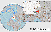 Gray Location Map of Freyung-Grafenau, highlighted country, highlighted parent region, hill shading
