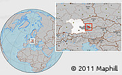Gray Location Map of Freyung-Grafenau, highlighted parent region, highlighted grandparent region, hill shading